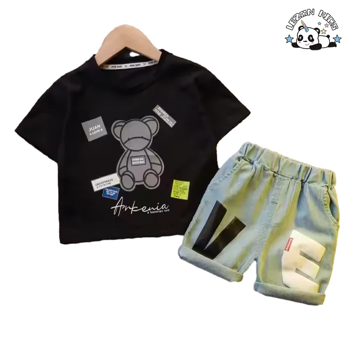 LEZONKIDS - Wholesale New Innovations Cool Bear Letter Printing Summer Suit Baby Boys Girls Printed Clothing Set